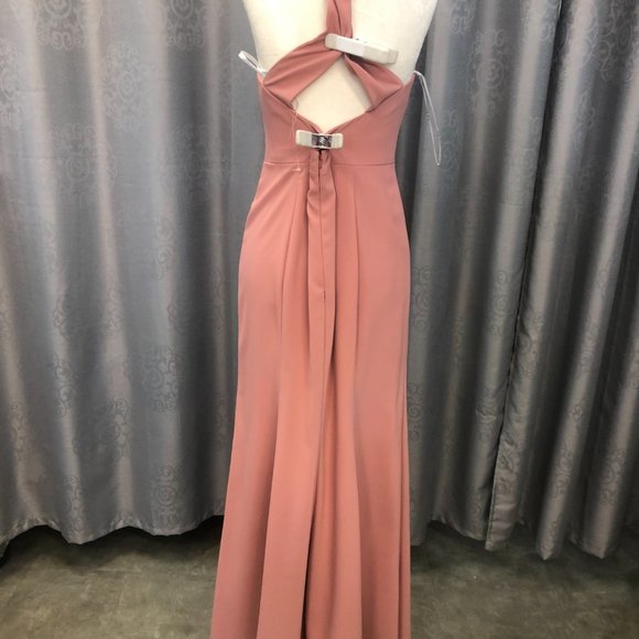 New Dessert Rose Crepe Dress, Halter Keyhole Back Bridesmaid Formal Leg Slit - Picture 9 of 14
